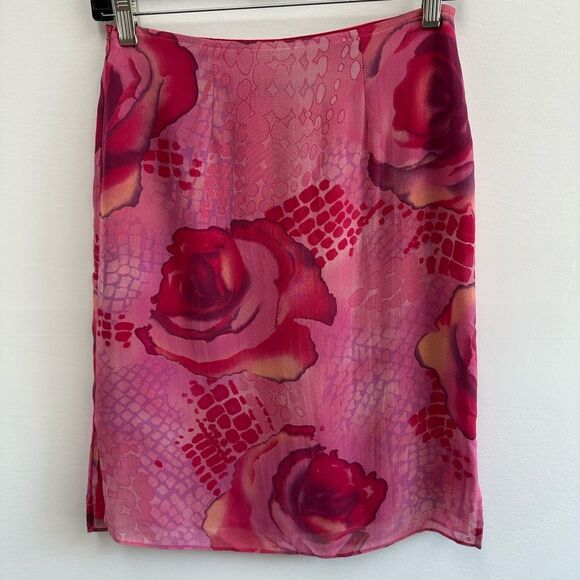 Vintage Y2K Guess Collection Pink Floral Rose Chiffon Pencil Mini Skirt Size 0 - Picture 6 of 9